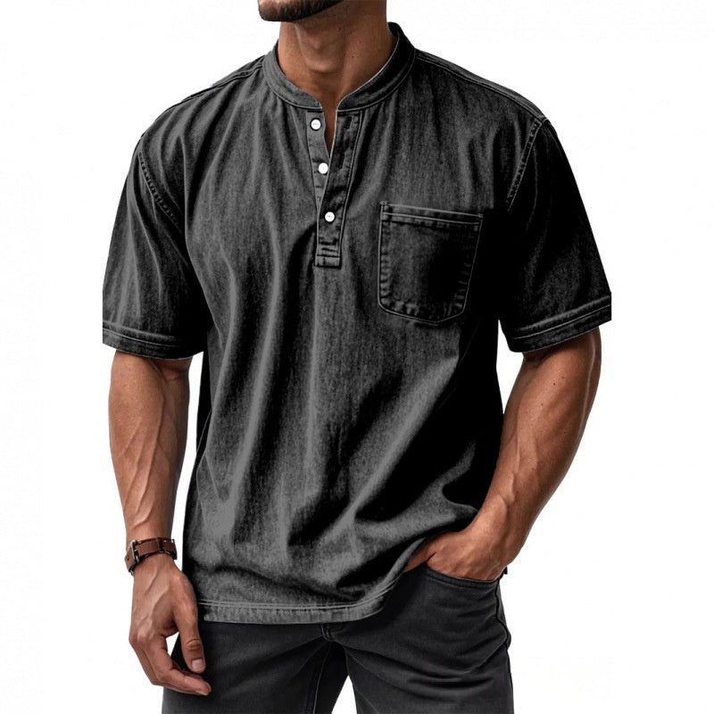 Men's Casual All-Match Short-Sleeve Button-Up Crew-Neck Shirt