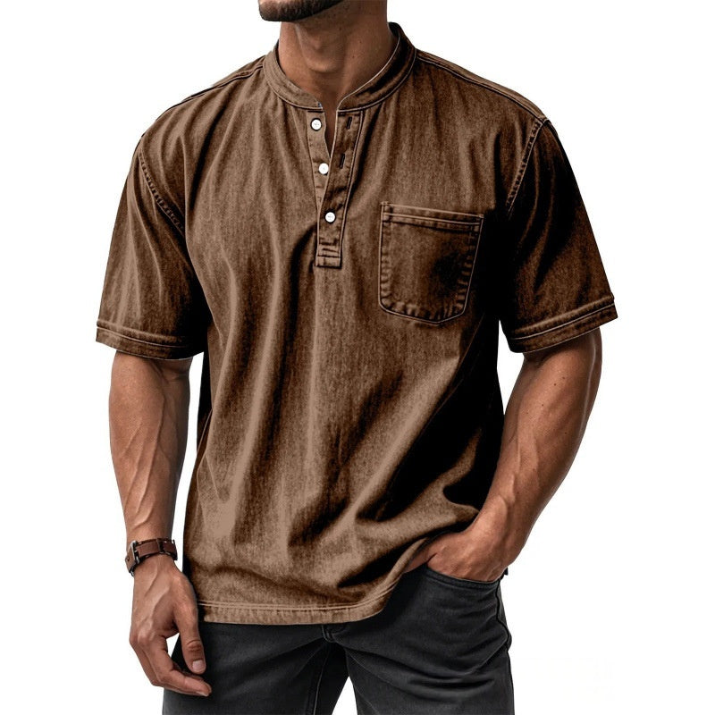 Men's Casual All-Match Short-Sleeve Button-Up Crew-Neck Shirt