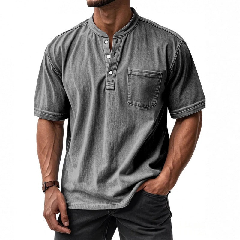 Men's Casual All-Match Short-Sleeve Button-Up Crew-Neck Shirt