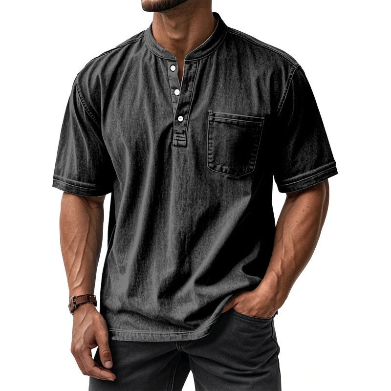 Men's Casual All-Match Short-Sleeve Button-Up Crew-Neck Shirt