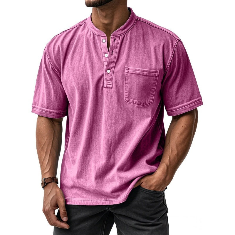 Men's Casual All-Match Short-Sleeve Button-Up Crew-Neck Shirt